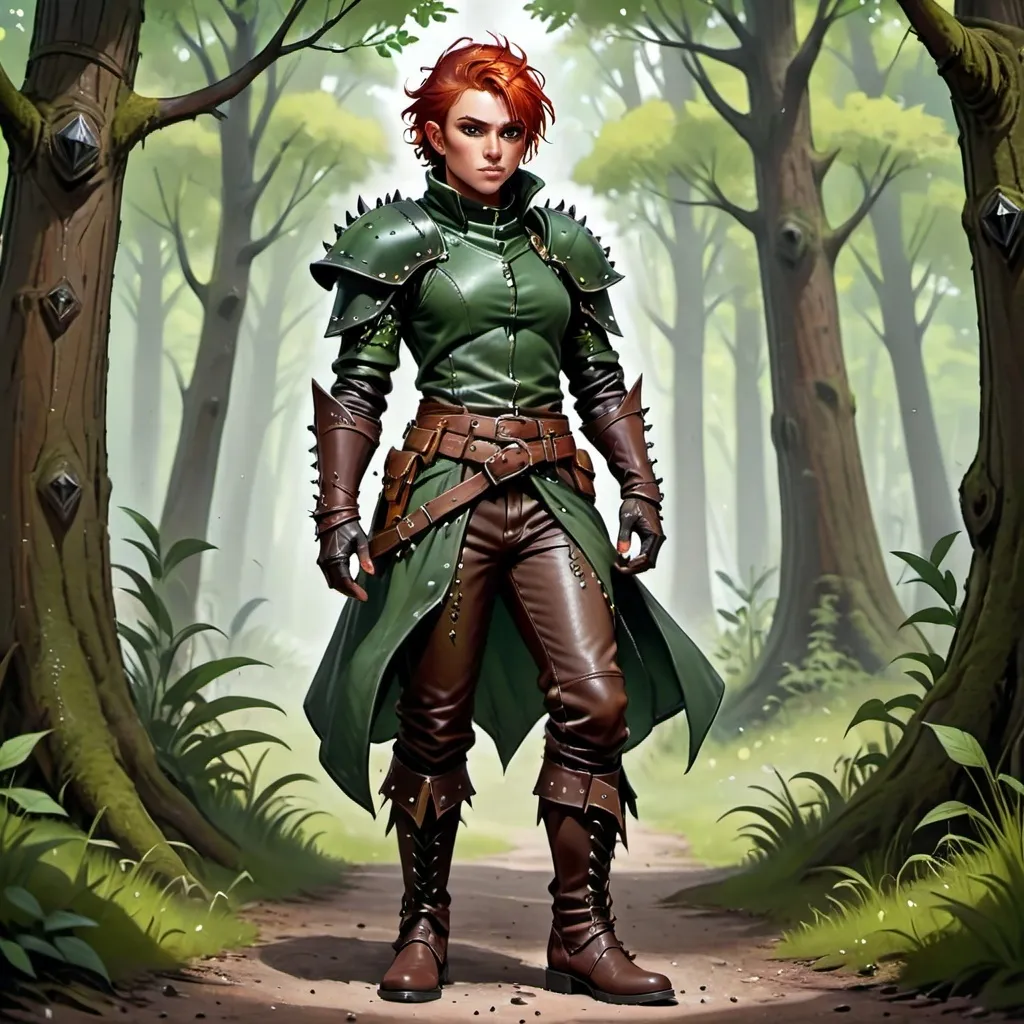 Prompt: A full body HALFING adult male ranger , with a tought hard  appearance and  lean build, stands proudly. His eyes, an striking shade of piercing brown, sparkle with confidence , while his short spiked red hair is styled with a few loose strands framing his forehead. His skin is a warn tone. Wears a dark green cloack that covers him and  a stylish green studded leather armor, cinched at the waist by a wide, studded leather belt, and matching green loose-fitting pants, tucked into green boots. The background is a forest. Full body, art illustration,  dnd, 