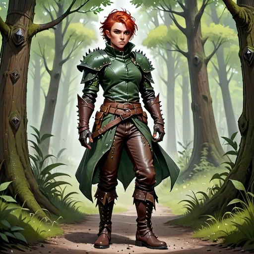 Prompt: A full body HALFING adult male ranger , with a tought hard  appearance and  lean build, stands proudly. His eyes, an striking shade of piercing brown, sparkle with confidence , while his short spiked red hair is styled with a few loose strands framing his forehead. His skin is a warn tone. Wears a dark green cloack that covers him and  a stylish green studded leather armor, cinched at the waist by a wide, studded leather belt, and matching green loose-fitting pants, tucked into green boots. The background is a forest. Full body, art illustration,  dnd, 