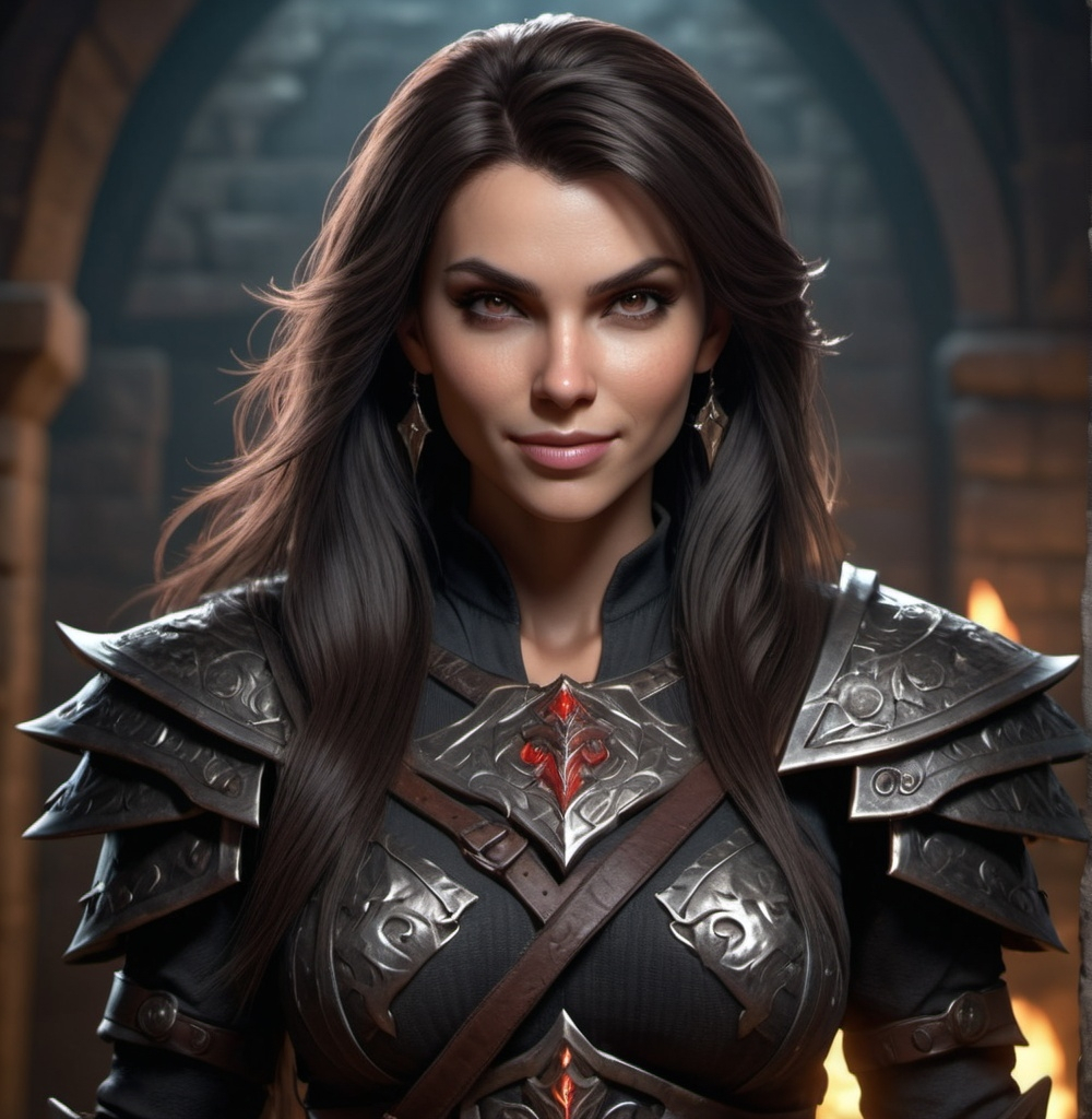 Prompt: Photorealistic, detailed face, high resolution, 4k, full body dungeons and dragons character, female human warrior, high definition, long dark hair, attractive body, evil gaze, wicked smile, wearing tight and luxurious clothes, intense details, vivid textures, dramatic lighting, captivating atmosphere, fantasy realm background, ultra-detailed.