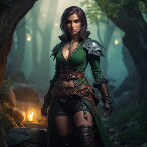 Prompt: (fantasy character), (female rogue), full body, attractive, sensual pose, detailed attire with phew short clothes, high fantasy setting, rich textures, moody lighting, intricate accessories, dynamic stance, dramatic shadows, mystical ambiance, (Dungeons and Dragons inspired), vibrant colors, ultra-detailed, HD quality.