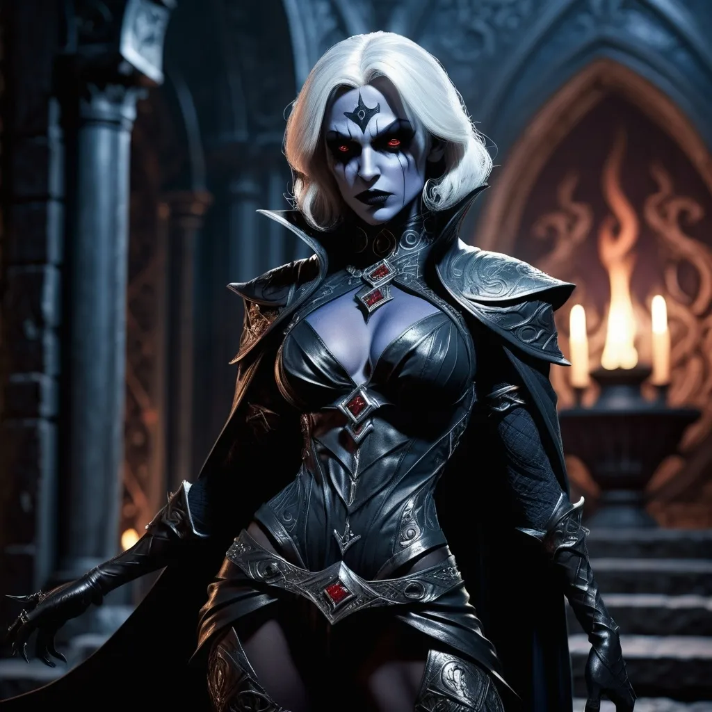 Prompt: Full body,(dark fantasy dungeons and dragons character), (Drow, female sorcerer), darkgray skin in face and body, dramatic, full attractively body posture, (intense wicked stare), detailed tight short outfit, intricate patterns, layered textures, expression showcasing evil flirting, (shadowy background), elements of intrigue, (moody ambiance), hints of dim light, intricately detailed accessories, (4K), ultra-detailed, art illustration, sinister allure. Same skin in face and body.