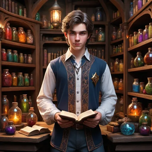 Prompt: hyper-realistic young wizard, (full body pose), (lean and handsome), dressed in intricately detailed shirt and pants, surrounded by various potions and spellbooks, (ultra-detailed), (high-quality), cinematic lighting enhancing the magical ambiance, vibrant colors bringing the potions to life, elaborate shelves filled with mystical ingredients in a cozy potions store, perfect for Dungeons and Dragons illustration.