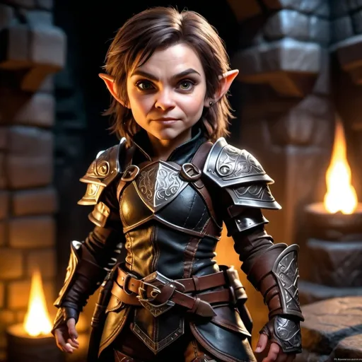 Prompt: photorealistic, (full body) female halfling rogue, detailed facial features with a mischievous expression, done in intricately designed dark leather armor, shadows cascading over her form, a dimly lit dungeon backdrop, flickering torchlight casting dramatic highlights, reflecting a mood of adventure and stealth, high quality, ultra-detailed présentation.