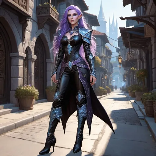 Prompt: A full body  female Auttum Eladrin elf stands on a street of the city of Neverwinter, she has long flowing purple hair, ice blue eyes and a regal and ethereal beauty, she wears black studded leather armour and and high heels black leather boots