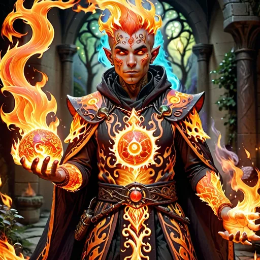 Prompt: Dungeons and Dragons character, Fire Genasi, (full body), (highly detailed), male warlock wielding arcane flames, intricate mystical tattoos illuminating his skin, dressed in ornate robes with fiery accents, standing in a glowing fantasy setting with enchanted flora, swirling fire energy around him, (4K resolution), captivating and magical ambiance, vibrant color tones.