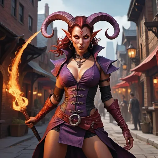 Prompt: hyper-realistic, female attractive tiefling warlock, (full body combat pose), curvaceous lean body,  beauty full face, (flirting and dangerous), intricately detailed short clothes, background is a city, fantasy setting, vibrant colors, dynamic posture, ultra-detailed facial features, dramatic lighting, rich textures, perfect for Dungeons and Dragons illustration, high-quality image, character depth.