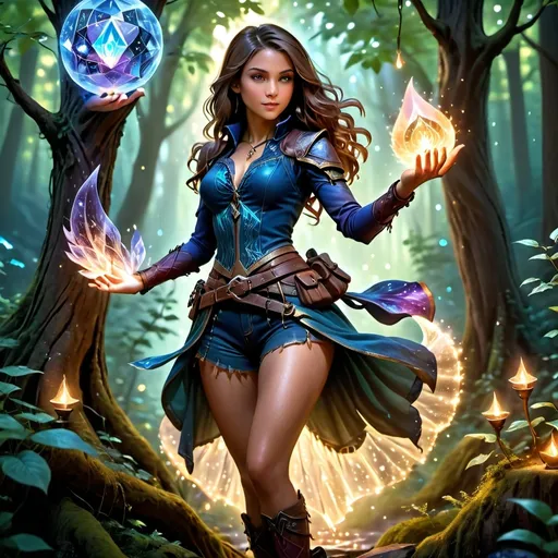 Prompt: full body DnD character, (alluring pose), (human female), (beautiful attractive sorcerer), tight short clothes, enchanting magical aura, spellbook in hand, intricate jewelry, dramatic lighting, vibrant colors, high fantasy theme, strong expressions, detailed textures, (ultra-detailed), immersive background of a mystical forest, dusk ambiance, magical sparkles in the air.