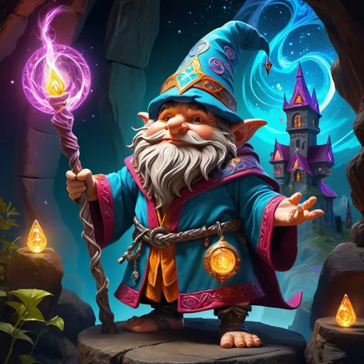 Prompt: Gnome wizard, (male), bursting with intelligence and confidence, vibrant colors, enchanting atmosphere, dramatic pose, detailed robes adorned with mystical symbols, holding a magical staff, (dungeons and dragons) inspired setting, sparkling lights, whimsical, ultra-detailed, high-definition, captivating expression, magical aura, art illustration.