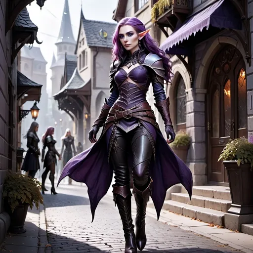 Prompt: A full body attractive character rogue female Auttum Eladrin elf stands on a street of the city of Neverwinter, she has long flowing purple hair, pale skin, ice blue eyes and a regal and ethereal beauty, she wears black studded leather armour and and high heels black leather boots . fantasy character art, illustration, dnd, warm tone, 