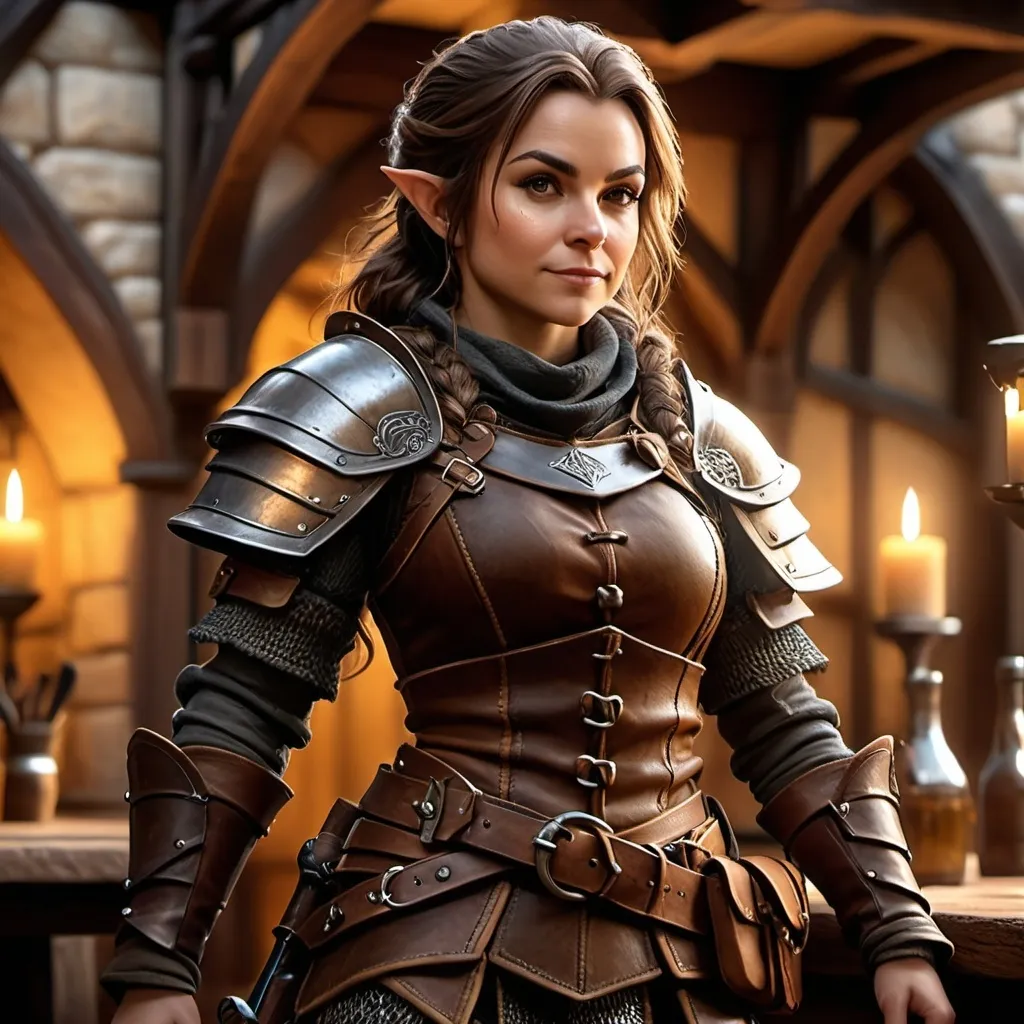 Prompt: Photorealistic, full body, (female halfling rogue), intricate detail on facial features, dynamic pose, wearing a detailed leather armor, carrying various tools and weapons, dramatic shadows, dimensional depth, soft lighting to enhance textures, finely crafted background resembling a medieval tavern, captivating atmosphere, (4K ultra-detailed)