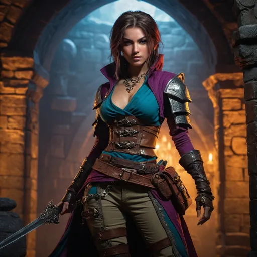 Prompt: (fantasy character), (female rogue), full body, attractive, sensual pose, detailed attire with phew clothes, high fantasy setting, rich textures, moody lighting, intricate accessories, dynamic stance, dramatic shadows, mystical ambiance, (Dungeons and Dragons inspired), vibrant colors, ultra-detailed, HD quality.