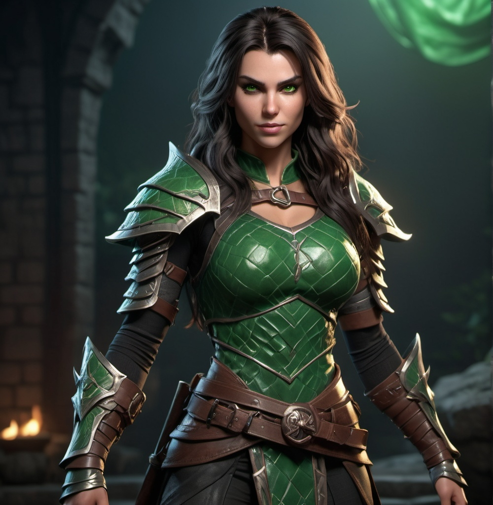 Prompt: Full body, photorealistic, ultra-detailed face, (Dungeons and Dragons character), female human warrior, (4K, high resolution), full body pose, long dark hair, striking green eyes, attractive physique, (evil gaze), wicked smile, (tight luxurious clothes), intricate textures, dynamic lighting, atmospheric background, (high definition), captivating gaze, intense details, enchanting yet menacing portrayal.