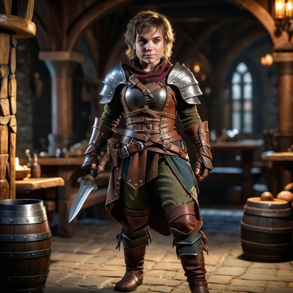 Prompt: hyper-realistic, full body, (female halfling rogue), intricate detail on facial features, dynamic pose, wearing a detailed leather armor, carrying various tools and weapons, dramatic shadows, dimensional depth, soft lighting to enhance textures, finely crafted background resembling a medieval tavern, captivating atmosphere, (4K ultra-detailed)