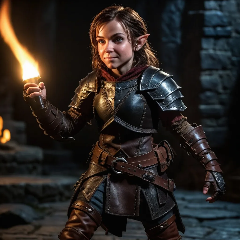 Prompt: photorealistic, (full body) female halfling rogue, detailed facial features with a mischievous expression, done in intricately designed dark leather armor, shadows cascading over her form, a dimly lit dungeon backdrop, flickering torchlight casting dramatic highlights, reflecting a mood of adventure and stealth, high quality, ultra-detailed présentation.