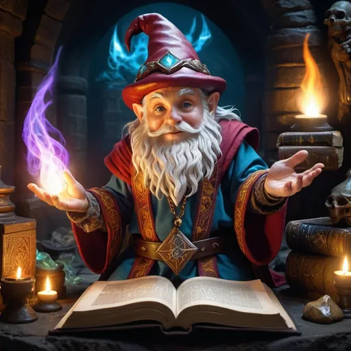 Prompt: (male gnome wizard), portraying an intelligent, confident expression, vivid magic emanating from his hands, showcasing colorful robes with intricate designs, surrounded by ancient tomes and mystical artifacts, in a dark dungeon environment, warm glowing lighting enhancing the magical aura, (highly detailed), creating a vivid fantasy atmosphere inspired by Dungeons and Dragons.