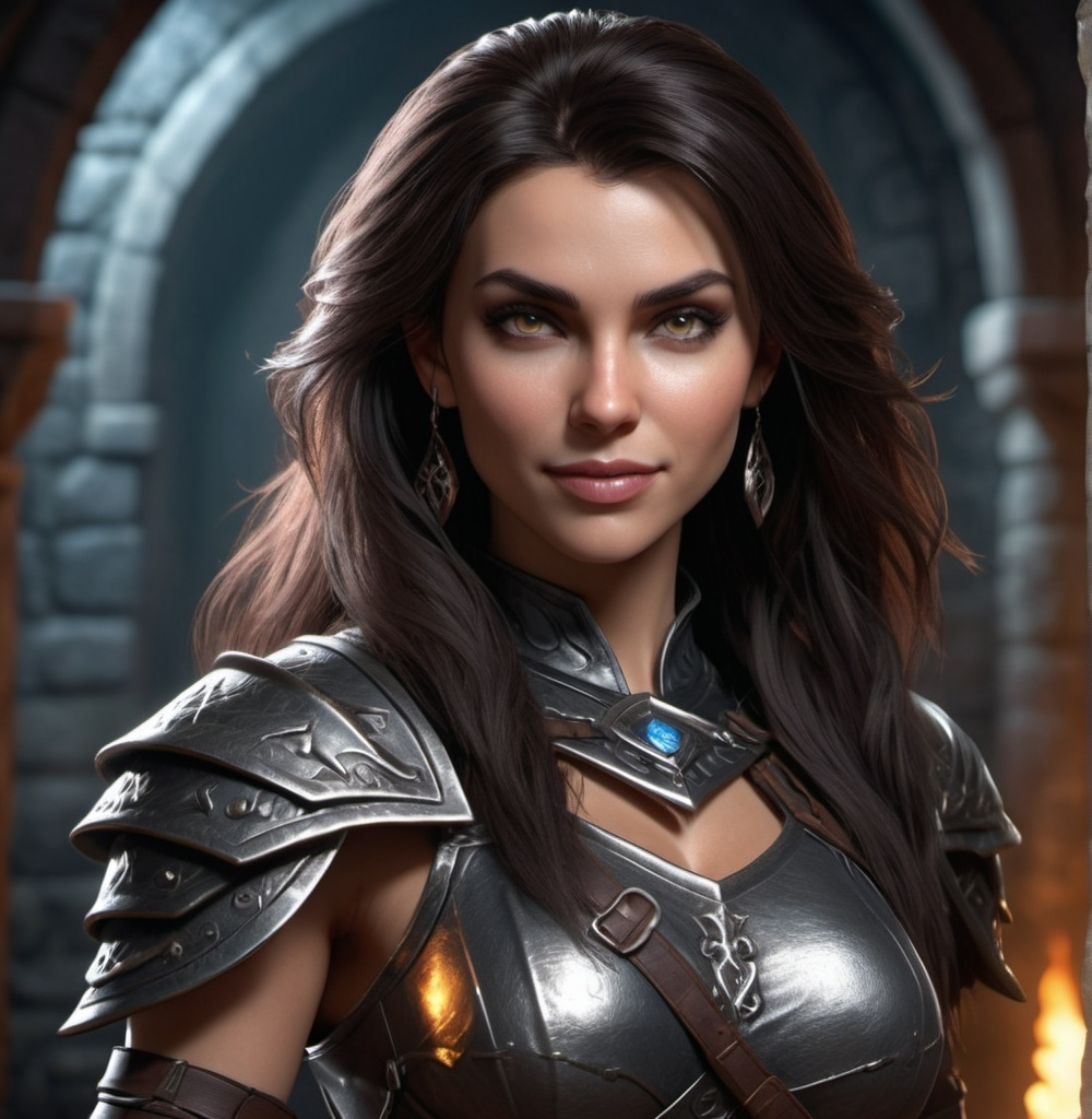 Prompt: Photorealistic, detailed face, high resolution, 4k, full body dungeons and dragons character, female human warrior, high definition, long dark hair, attractive body, evil gaze, wicked smile, wearing tight and luxurious clothes, intense details, vivid textures, dramatic lighting, captivating atmosphere, fantasy realm background, ultra-detailed.