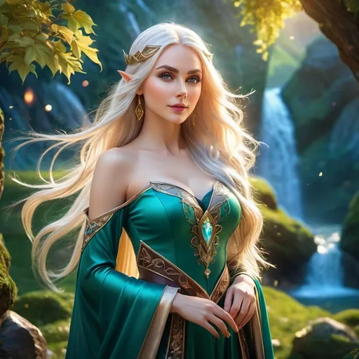 Prompt: hyper-realistic, female elf, wizard, (full body powerful pose), attractive lean body, pale skin, long hair,  detailed eyes, beautiful face, (gorgeous and attractive),  fantasy setting, vibrant colors, ultra-detailed facial features, rich textures, high-quality image, character depth.