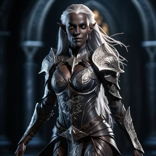 Prompt: photorealistic, full body, female dark elf character, dynamic pose, intricate leather armor adorned with mystical engravings, long silver hair flowing, piercing eyes, illuminated by soft, deep shadows casting dramatic contours, 4K, ultra-detailed,  conveying a sense of adventure and mystery.