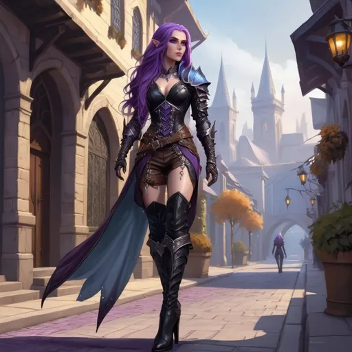 Prompt: A full body attractive character rogue female Auttum Eladrin elf stands on a street of the city of Neverwinter, she has long flowing purple hair, parle skin, ice blue eyes and a regal and ethereal beauty, she wears black studded leather armour and and high heels black leather boots . fantasy character art, illustration, dnd, warm tone, 