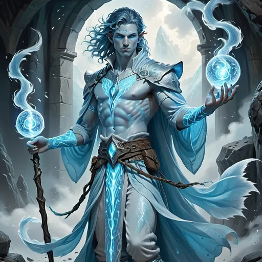 Prompt: Air Genasi, (full body), male warlock, ethereal clothing flowing gracefully, shimmering fabrics reflecting shades of sky blue and white, mystical aura radiating softly, (dramatic lighting), intricate tattoos glowing on skin, enchanted staff in hand, symbolizing power, detailed expression of intensity and focus, floating on wispy clouds, (highly detailed), (4K resolution), fantasy setting in Dungeons and Dragons theme.