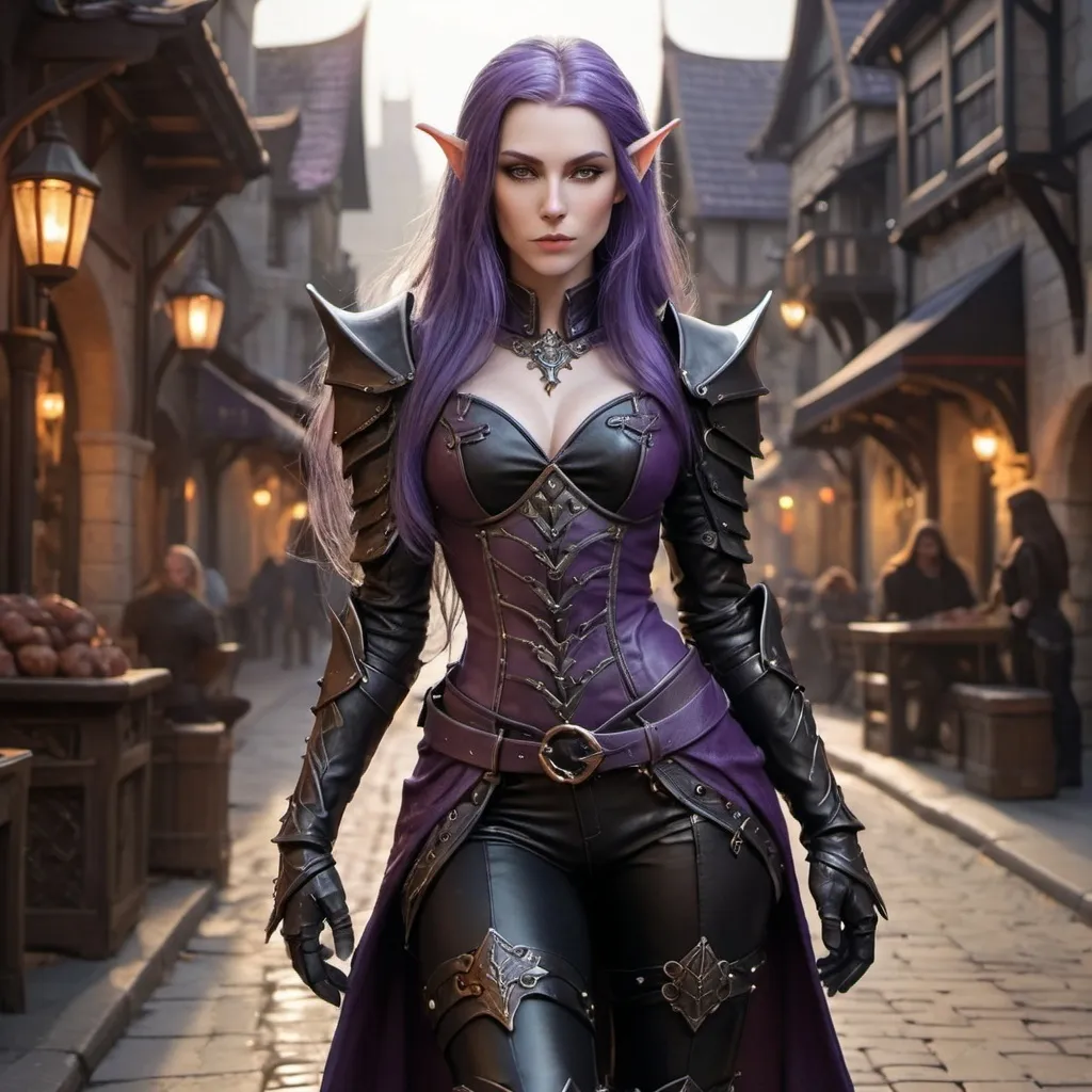 Prompt: hyper-realistic Full body, (attractive) and (mysterious) Female Elandrin Elf of Autumn, rogue, pale skin, purple long hair wearing a black expensive tight studded leather armor with high heels black leather boots, and a shadowy demeanor. The background is a street of the city of Waterdeep, adding to the enchanted atmosphere. Medium: high quality, ultra-detailed, cinematic, fantasy character art, illustration, dnd, warm tone