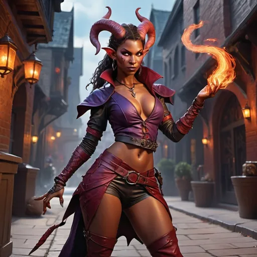 Prompt: hyper-realistic, female attractive tiefling warlock, (full body combat pose), curvaceous lean body, (flirting and dangerous), intricately detailed short clothes, background is a city, fantasy setting, vibrant colors, dynamic posture, ultra-detailed facial features, dramatic lighting, rich textures, perfect for Dungeons and Dragons illustration, high-quality image, character depth.