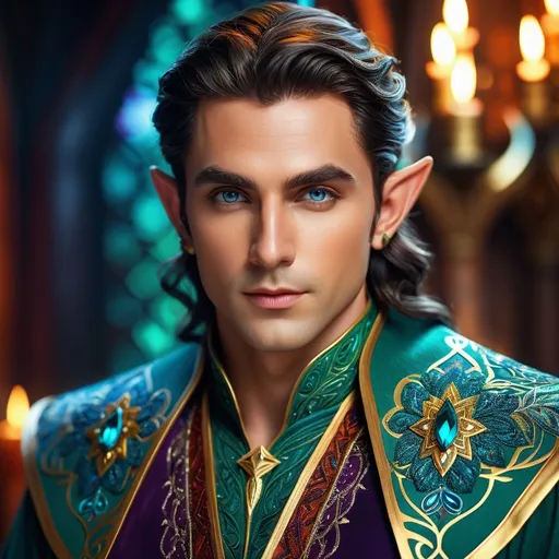 Prompt: hyper-realistic male elf wizard, (vibrant colors), detailed expressive eyes, (ultra-detailed facial features), beautiful symmetrical face, rich textures in skin and clothing, magical attire adorned with intricate patterns, captivating gaze, enchanting atmosphere, dramatic lighting enhancing character depth, (high-quality image), 4K resolution, mystical background with ethereal elements, sense of wisdom and power.