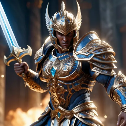 Prompt: Aasimar, paladin (full body), dynamic (combat pose), striking armor with intricate designs, holy symbols glowing softly, heroic stature, dramatic lighting highlighting muscular physique, sword raised, fierce determination in expression, ethereal background with celestial elements, radiant aura, epic and inspiring atmosphere, ultra-detailed, vibrant colors, high quality 4K.