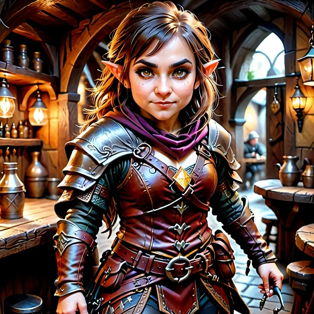 Prompt: Photorealistic, full body, (female halfling rogue), intricate detail on facial features, dynamic pose, wearing a detailed leather armor, carrying various tools and weapons, dramatic shadows, dimensional depth, soft lighting to enhance textures, finely crafted background resembling a medieval tavern, captivating atmosphere, (4K ultra-detailed)