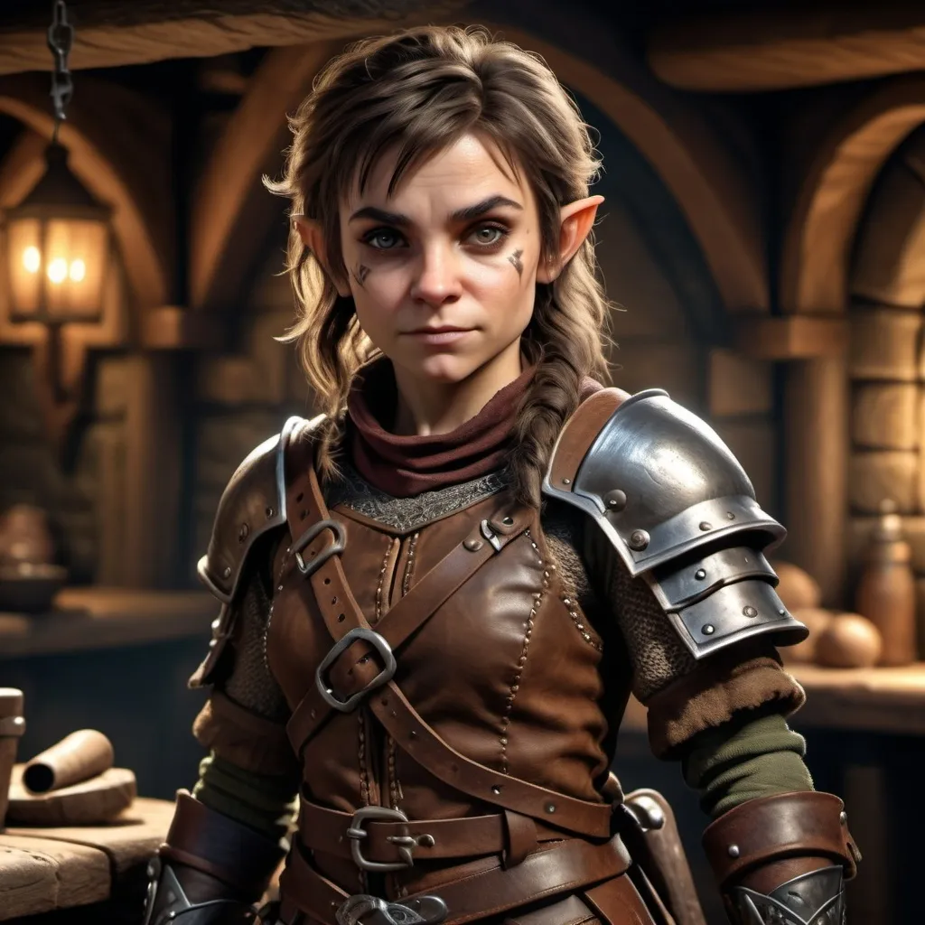 Prompt: hyper-realistic, full body portrait of a (female halfling rogue), intricate detail on facial features, dynamic pose, wearing a detailed leather armor, carrying various tools and weapons, dramatic shadows, dimensional depth, soft lighting to enhance textures, finely crafted background resembling a medieval tavern, captivating atmosphere, (4K ultra-detailed)