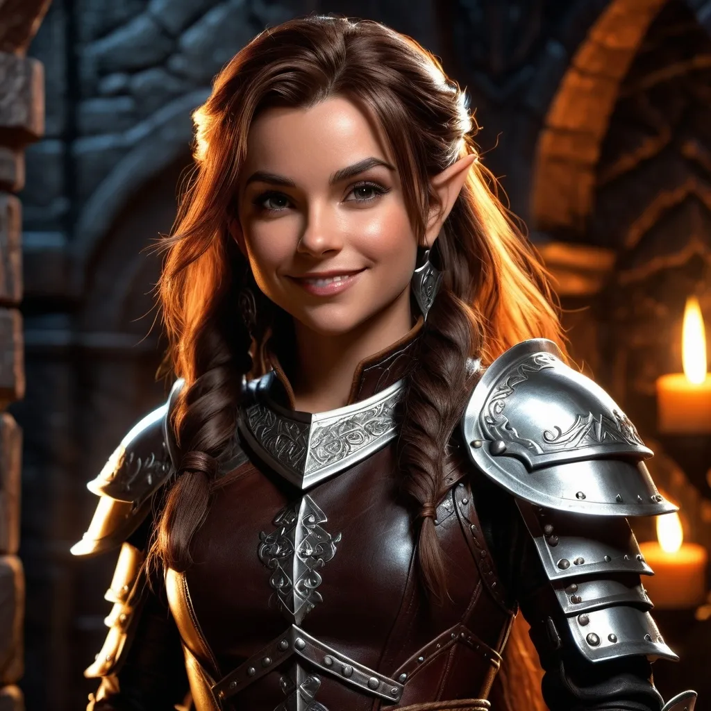 Prompt: (hyper-realistic) dungeon and dragons character, female halfling rogué, (high definition), long hair, attractive body, evil gaze, wicked smile, wearing tight and luxurious tight leather armor, intense details, vivid textures, dramatic lighting, captivating atmosphere, ultra-detailed.