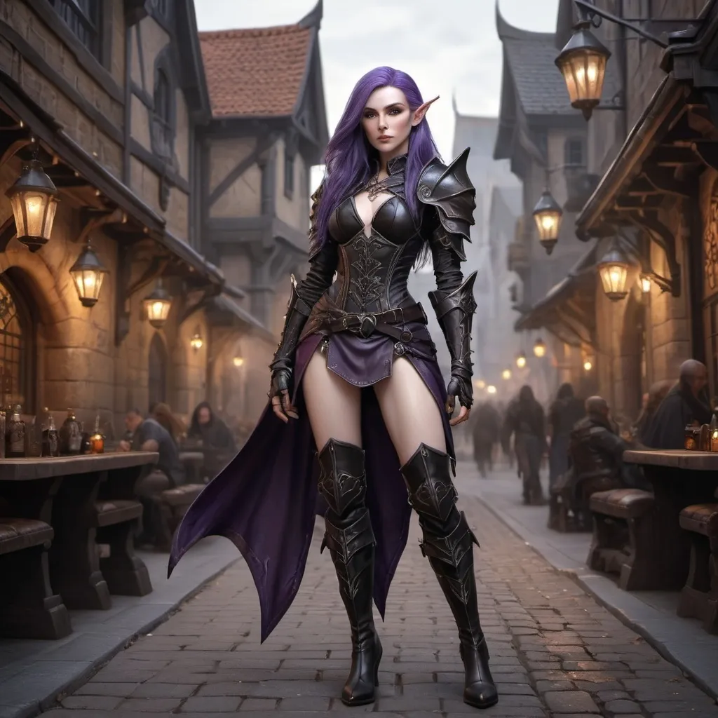 Prompt: FULL BODY hyper-realistic, (attractive) and (mysterious) Female Elandrin Elf of Autumn, rogue, pale skin, purple long hair wearing a black expensive tight studded leather armor with high heels black leather boots, and a shadowy demeanor. The background is a street of the city of Waterdeep, adding to the enchanted atmosphere. Medium: high quality, ultra-detailed, cinematic, fantasy character art, illustration, dnd, warm tone