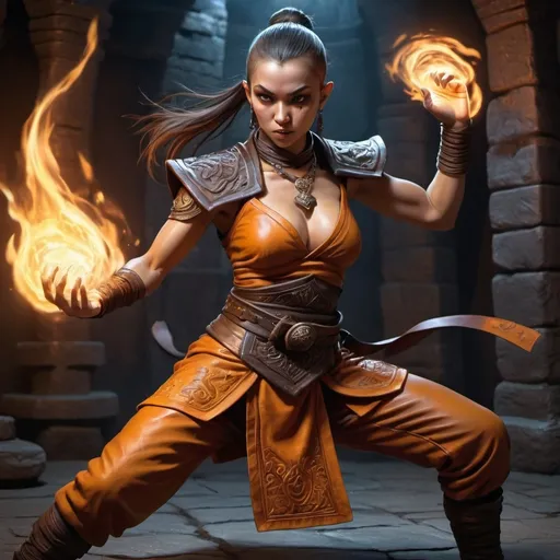 Prompt: hyper-realistic, female Kalashtar monk, (full body fighting pose), attractive lean body,  beautiful face, (confident and wicked), intricately detailed short tight leather clothes, background is a dungeon, fantasy setting, vibrant colors, dynamic posture, ultra-detailed facial features, dramatic lighting, rich textures, perfect for Dungeons and Dragons illustration, high-quality image, character depth.