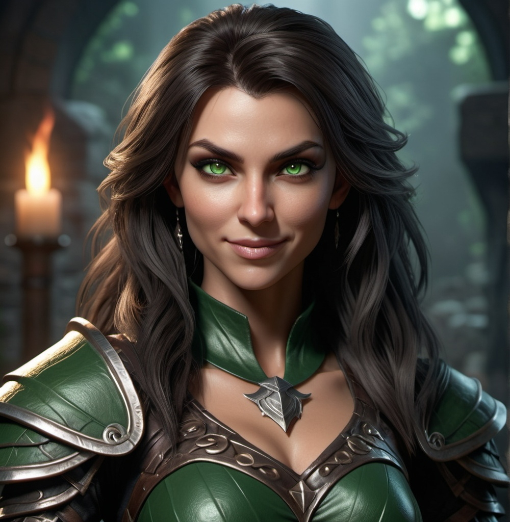 Prompt: photorealistic, ultra-detailed face, (Dungeons and Dragons character), female human warrior, (4K, high resolution), full body pose, long dark hair, striking green eyes, attractive physique, (evil gaze), wicked smile, (tight luxurious clothes), intricate textures, dynamic lighting, atmospheric background, (high definition), captivating gaze, intense details, enchanting yet menacing portrayal.