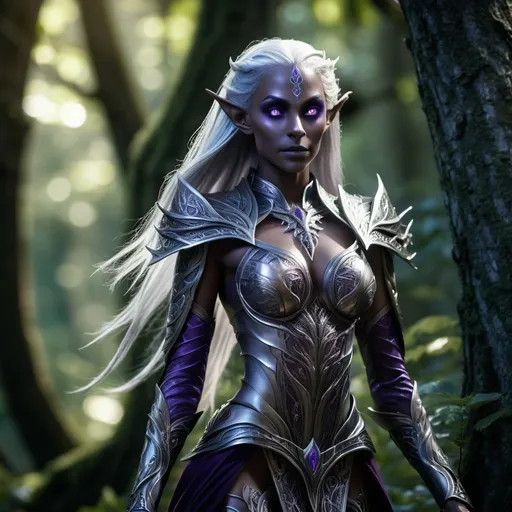 Prompt: photorealistic, (full body) female dark elf character, dynamic pose, intricate armor adorned with mystical engravings, long silver hair flowing, piercing violet eyes, illuminated by soft, enchanted light, deep shadows casting dramatic contours, enchanting forest backdrop filled with twisting trees and vibrant magical plants, (4K, ultra-detailed), (fantasy artwork), conveying a sense of adventure and mystery.