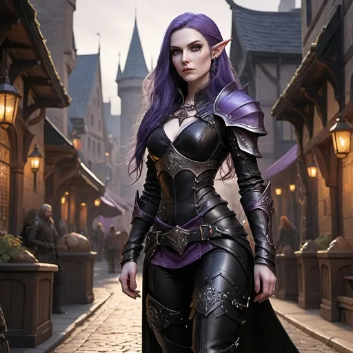 Prompt: FULL BODY hyper-realistic, (attractive) and (mysterious) Female Elandrin Elf of Autumn, rogue, pale skin, purple long hair wearing a black expensive tight studded leather armor with high heels black leather boots, and a shadowy demeanor. The background is a street of the city of Waterdeep, adding to the enchanted atmosphere. Medium: high quality, ultra-detailed, cinematic, fantasy character art, illustration, dnd, warm tone