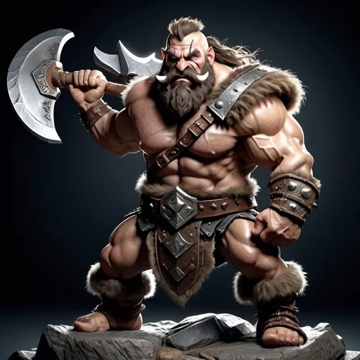 Prompt: (hyper-realistic male barbarian dwarf), full body, intense fighting pose, gripping a massive great axe with both hands, rugged textures, muscular physique, fierce determination in expression, dramatic shadows, vibrant lighting, richly detailed armor and weapons, wild hair, dynamic composition, battle-ready atmosphere, high-definition, cinematic quality.