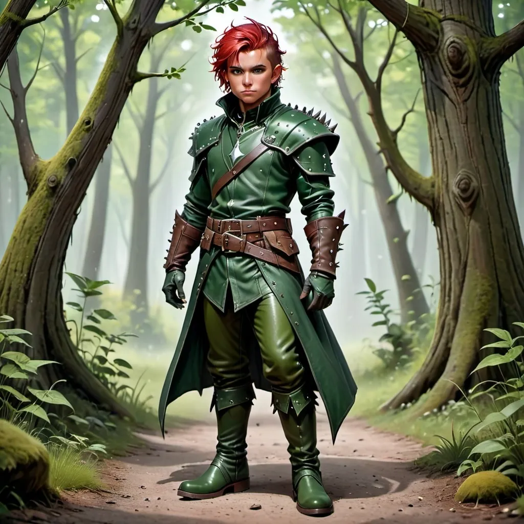 Prompt: A full body male halfing ranger in his early thirthy’s, with a tought appearance and  lean build, stands proudly. His eyes, an striking shade of piercing brown, sparkle with confidence , while his short spiked red hair is styled with a few loose strands framing his forehead. His skin is a warn tone. He wears a stylish green studded leather armor, cinched at the waist by a wide, studded leather belt, and matching green loose-fitting pants, tucked into green boots. Wears a dark green cloack that covers him. The background is forest. Full body, dnd, 