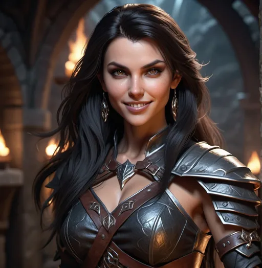 Prompt: Photorealistic, detailed face, high resolution, 4k, full body dungeons and dragons character, female human warrior, high definition, long dark hair, attractive body, evil gaze, wicked smile, wearing tight and luxurious clothes, intense details, vivid textures, dramatic lighting, captivating atmosphere, fantasy realm background, ultra-detailed.