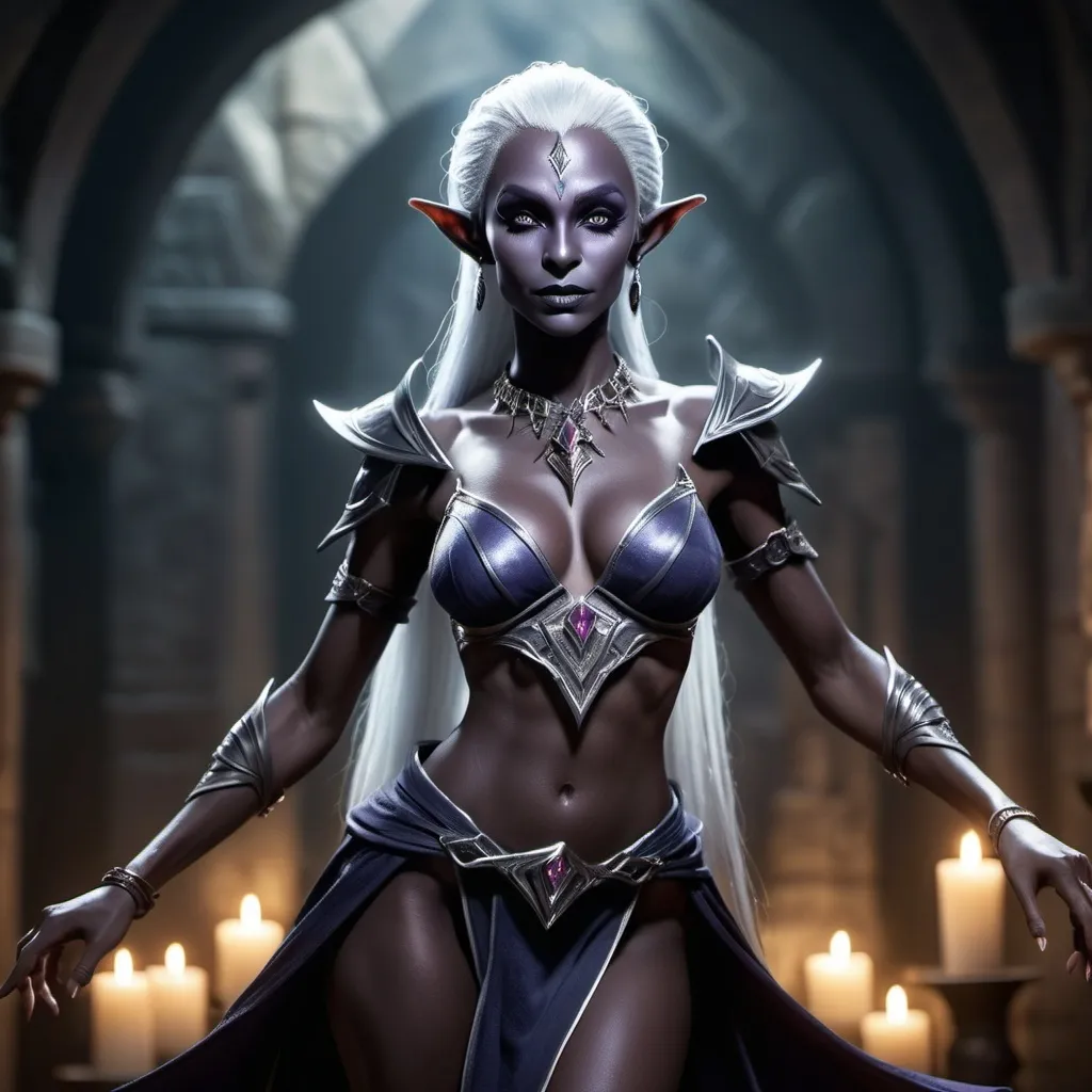 Prompt: Photorealistic, full body, depiction of a dark elf drow, female character, Dungeons & Dragons character, inspired, showcasing exquisite details in her attire and features, with intricate jewelry and a graceful pose, conveying a sense of mystery and allure, ultra-detailed, 4k 