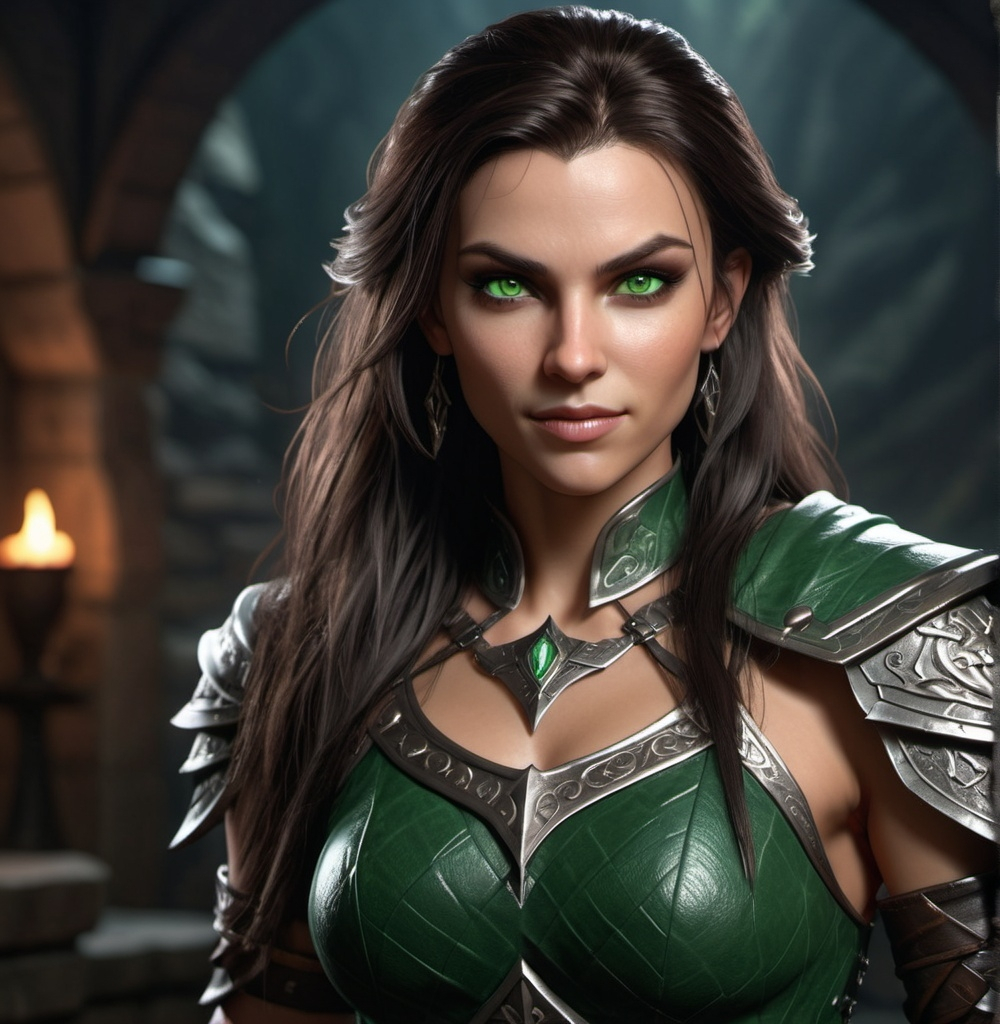 Prompt: photorealistic, ultra-detailed face, (Dungeons and Dragons character), female human warrior, (4K, high resolution), full body pose, long dark hair, striking green eyes, attractive physique, (evil gaze), wicked smile, (tight luxurious clothes), intricate textures, dynamic lighting, atmospheric background, (high definition), captivating gaze, intense details, enchanting yet menacing portrayal.