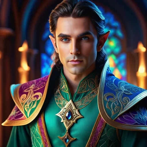 Prompt: hyper-realistic male elf wizard, (vibrant colors), detailed expressive eyes, (ultra-detailed facial features), beautiful symmetrical face, rich textures in skin and clothing, magical attire adorned with intricate patterns, captivating gaze, enchanting atmosphere, dramatic lighting enhancing character depth, (high-quality image), 4K resolution, mystical background with ethereal elements, sense of wisdom and power.