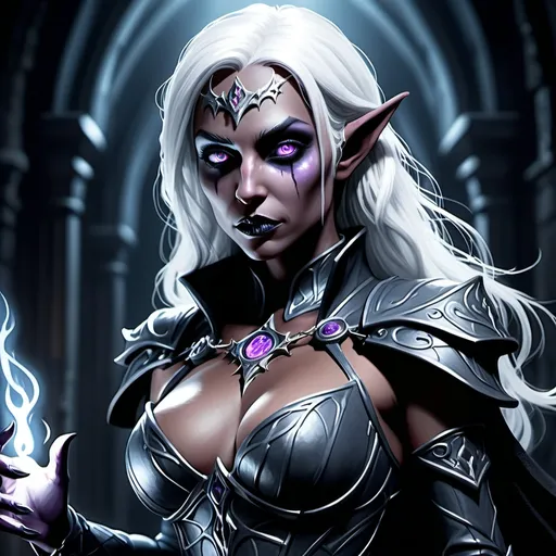 Prompt: Full body,(dark fantasy dungeons and dragons character), (Drow  female sorcerer), darkgray skin, dramatic full attractively body posture, (intense wicked stare), detailed tight outfit, intricate patterns, layered textures, expression showcasing attractive, (shadowy background), elements of intrigue, (moody ambiance), hints of dim light, ethereal glow, intricately detailed accessories, (4K), ultra-detailed, art illustration, sinister allure. Same skin in face and body.