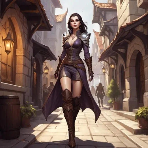 Prompt: Full body Eladrin elf of the auttum seasson female attractive character rogue, dark haired and pale skin wearing  tight expensive  clothes and leather high heels boots in a street of the city of Neverwinter fantasy character art, illustration, dnd, warm tone, 