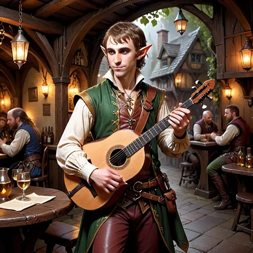 Prompt: hyper-realistic half-elf bard, (full body pose), (charismatic and handsome), intricately detailed expensive clothing, elegant instruments, fantasy setting, vibrant colors, dynamic posture, ultra-detailed facial features, dramatic lighting, rich textures, lush background, tavern ambiance, enchanting atmosphere, perfect for Dungeons and Dragons illustration, high-quality image, character depth.