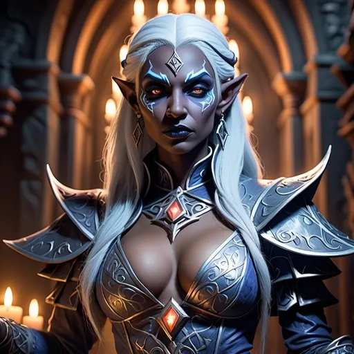 Prompt: (dark fantasy dungeons and dragons character), (Drow sensual female sorcerer), dark gray skin, dramatic full attractively body posture, (intense wicked stare), detailed tight outfit, intricate patterns, layered textures, expression showcasing cunning, (shadowy background), elements of intrigue, (moody ambiance), hints of dim light, ethereal glow, intricately detailed accessories, (4K), ultra-detailed, cinematic lighting,  sinister allure, enchanting atmosphere that captivates.