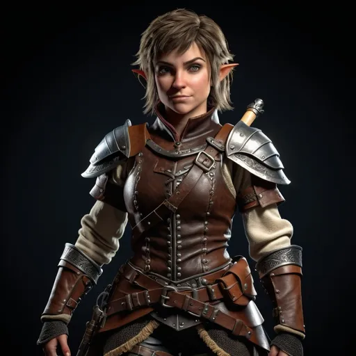 Prompt: hyper-realistic, full body, (female halfling rogue), intricate detail on facial features, dynamic pose, wearing a detailed leather armor, carrying various tools and weapons, dramatic shadows, dimensional depth, soft lighting to enhance textures, finely crafted background resembling a medieval tavern, captivating atmosphere, (4K ultra-detailed)