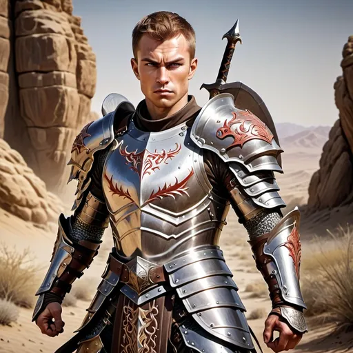 Prompt: hyper-realistic, male caucasian human fighter, (full body combat pose), (fierce and confidence), intricately detailed breastplate armor, with  two long swords one on each hand, background is a battleground in a desertic land, fantasy setting, vibrant colors, dynamic posture, ultra-detailed facial features, dramatic lighting, rich textures, perfect for Dungeons and Dragons illustration, high-quality image, character depth.