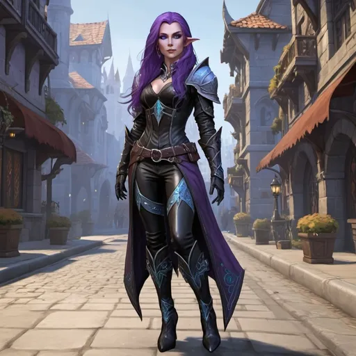 Prompt: A full body attractive  female Auttum Eladrin elf  rogue,  stands on a street of the city of Neverwinter, she has long flowing purple hair, ice blue eyes and a regal and ethereal beauty, she wears an expensive tight black studded leather armour and and high heels black leather boots