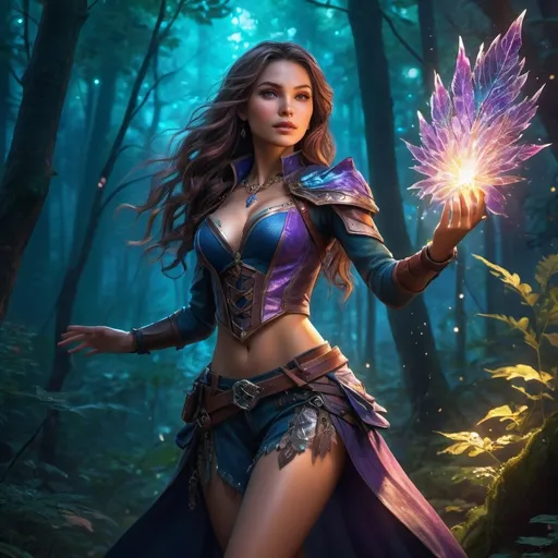 Prompt: full body DnD character, (alluring pose), (human female), (beautiful attractive sorcerer), tight short clothes, enchanting magical aura, intricate jewelry, dramatic lighting, vibrant colors, high fantasy theme, strong expressions, detailed textures, (ultra-detailed), immersive background of a forest, dusk ambiance, magical sparkles in the air.